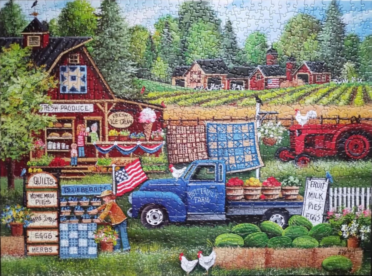 A whimsical countryside farm stand with a red barn, a blue pickup truck, and fresh produce.