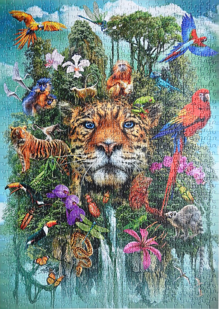 A lush rainforest scene centered on a large leopard face surrounded by diverse wildlife and tropical flowers.