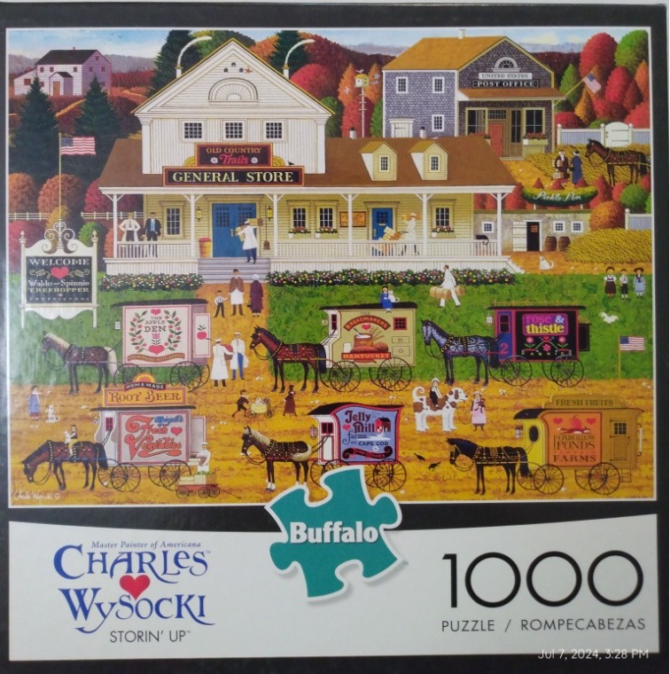 A folk art style illustration of a rural town square featuring a general store, post office, and several horse-drawn wagons.