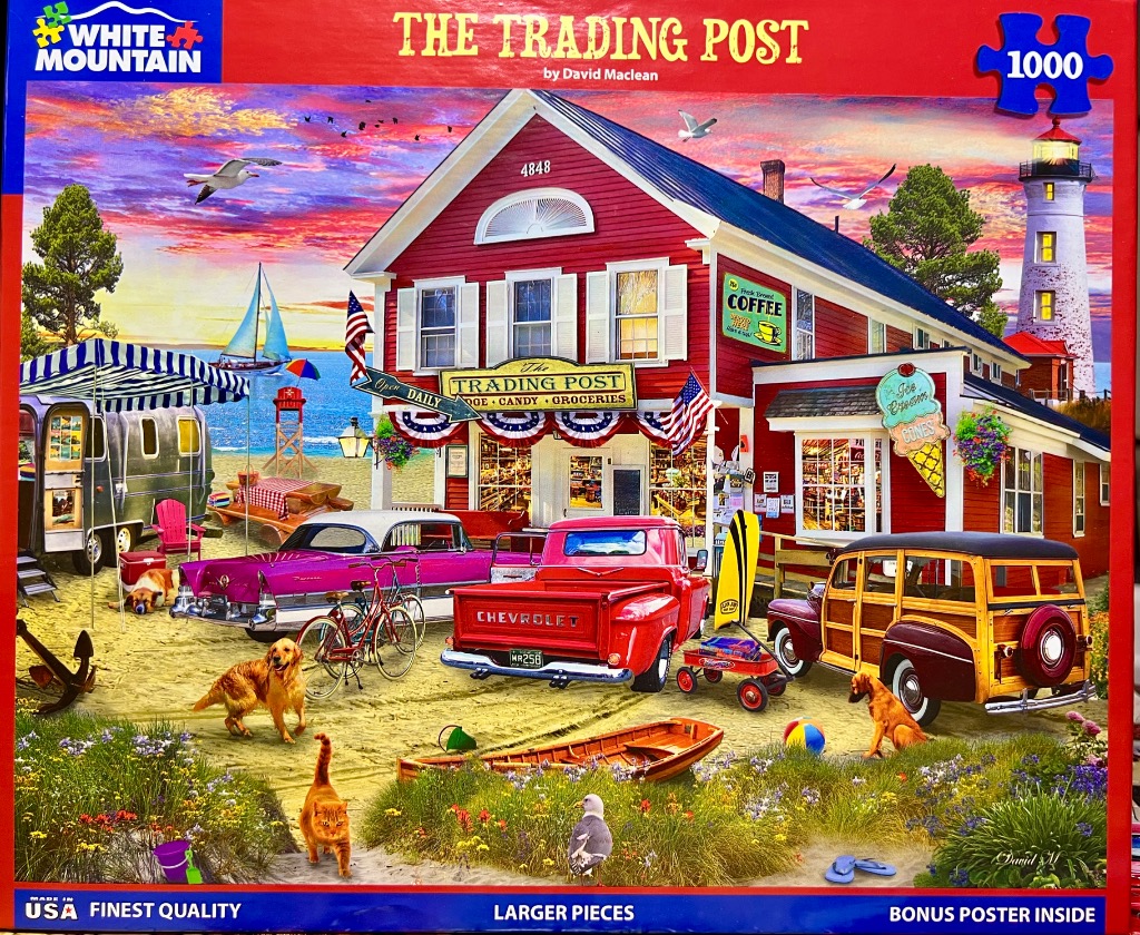 Painting of a beachside red building named The Trading Post with vintage cars and animals at sunset.