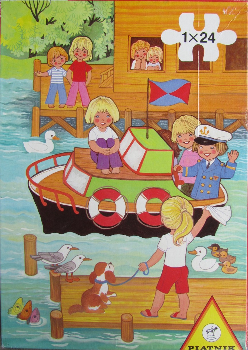 Cartoon illustration of children on a dock and a small boat with a dog, ducks, and seagulls.