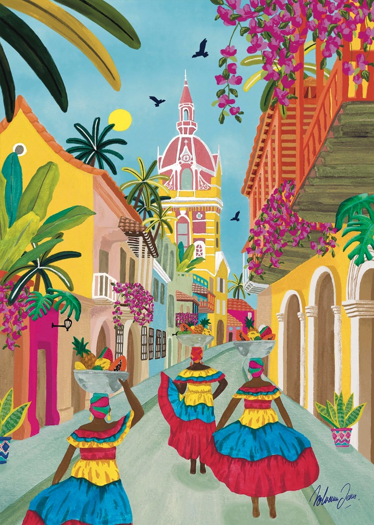 Three women in traditional colorful dresses walk down a vibrant, yellow-walled colonial street carrying fruit baskets.