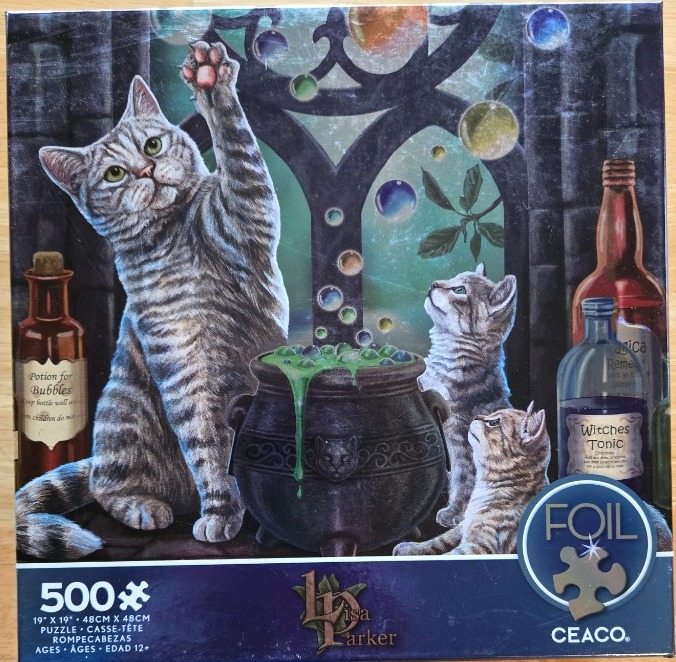 Three grey tabby cats gathered around a bubbling magical cauldron with floating bubbles and apothecary bottles.
