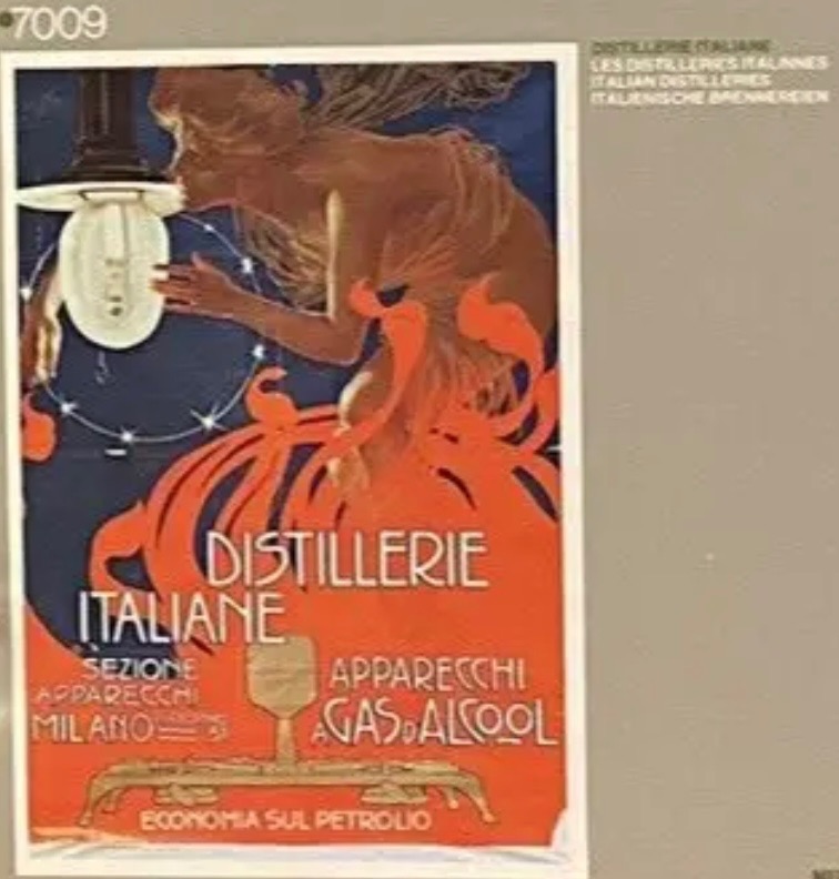 Art Nouveau illustration featuring a woman admiring an illuminated gas lamp against a deep blue and orange backdrop.