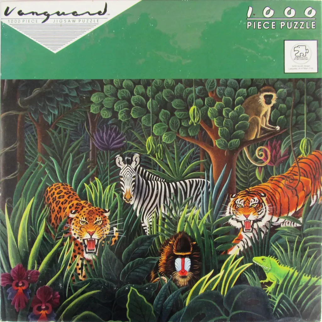 A lush jungle illustration featuring a leopard, zebra, tiger, mandrill, iguana, and monkey surrounded by foliage.