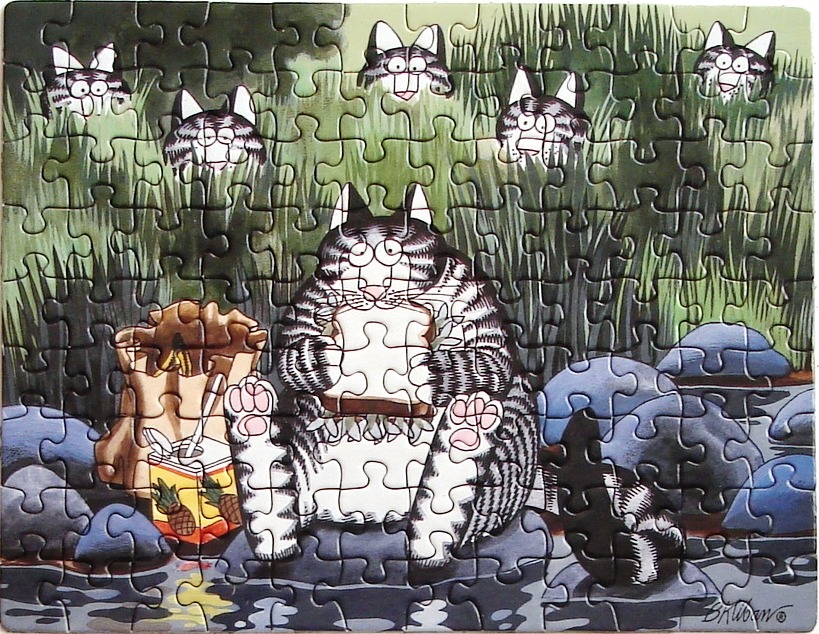 A cartoon of a chubby grey tabby cat eating a sandwich by a stream surrounded by hidden cats in the tall grass.
