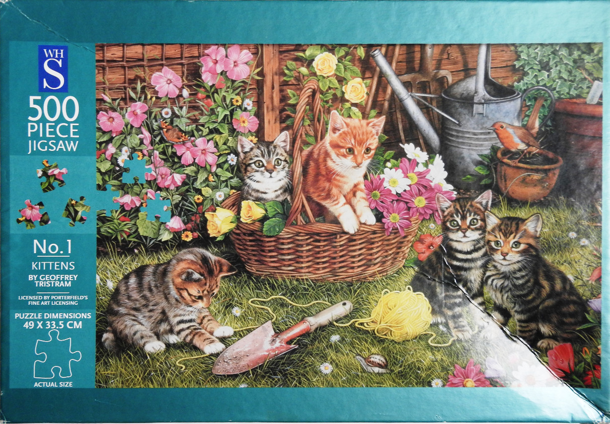 A group of kittens playing in a lush garden setting with flowers, tools, and a wicker basket.
