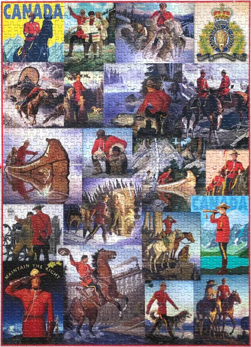 Collage of illustrations depicting the history and duties of the Royal Canadian Mounted Police.