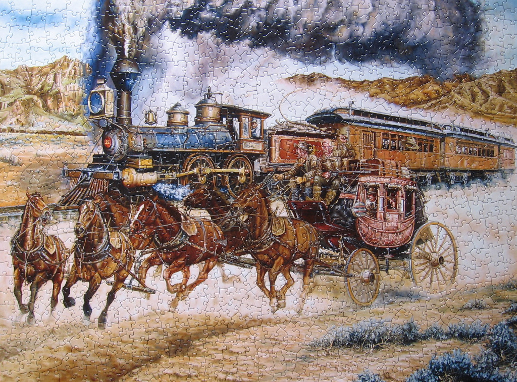 An illustration of a team of horses pulling a stagecoach alongside a steam locomotive in a desert landscape.