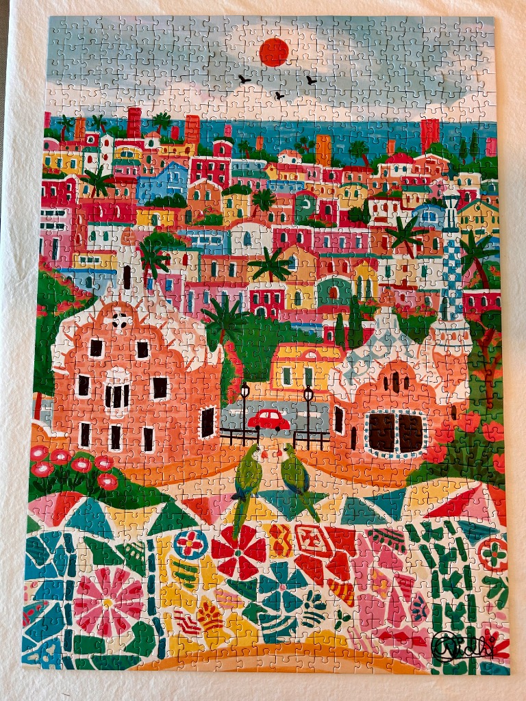 Colorful illustration of Park Güell in Barcelona with parrots in the foreground.