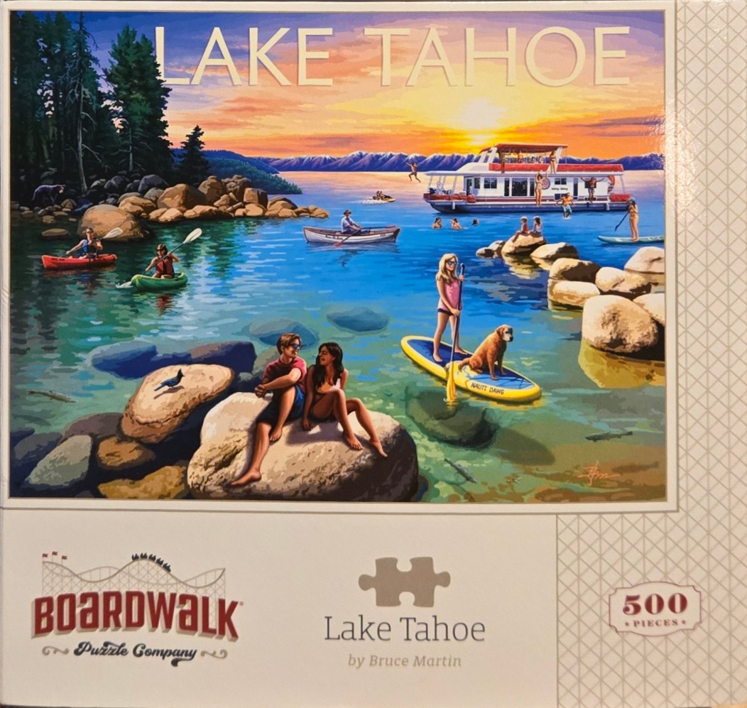 Artistic illustration of people enjoying a sunny day at Lake Tahoe with boats, kayaks, and paddleboards on the water.