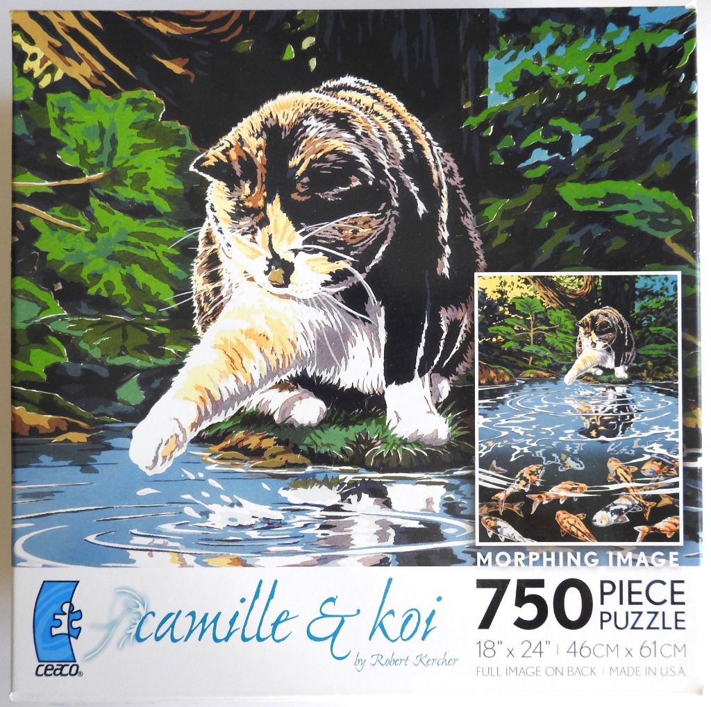 A painting of a calico cat reaching a paw into a stream filled with swimming koi fish.