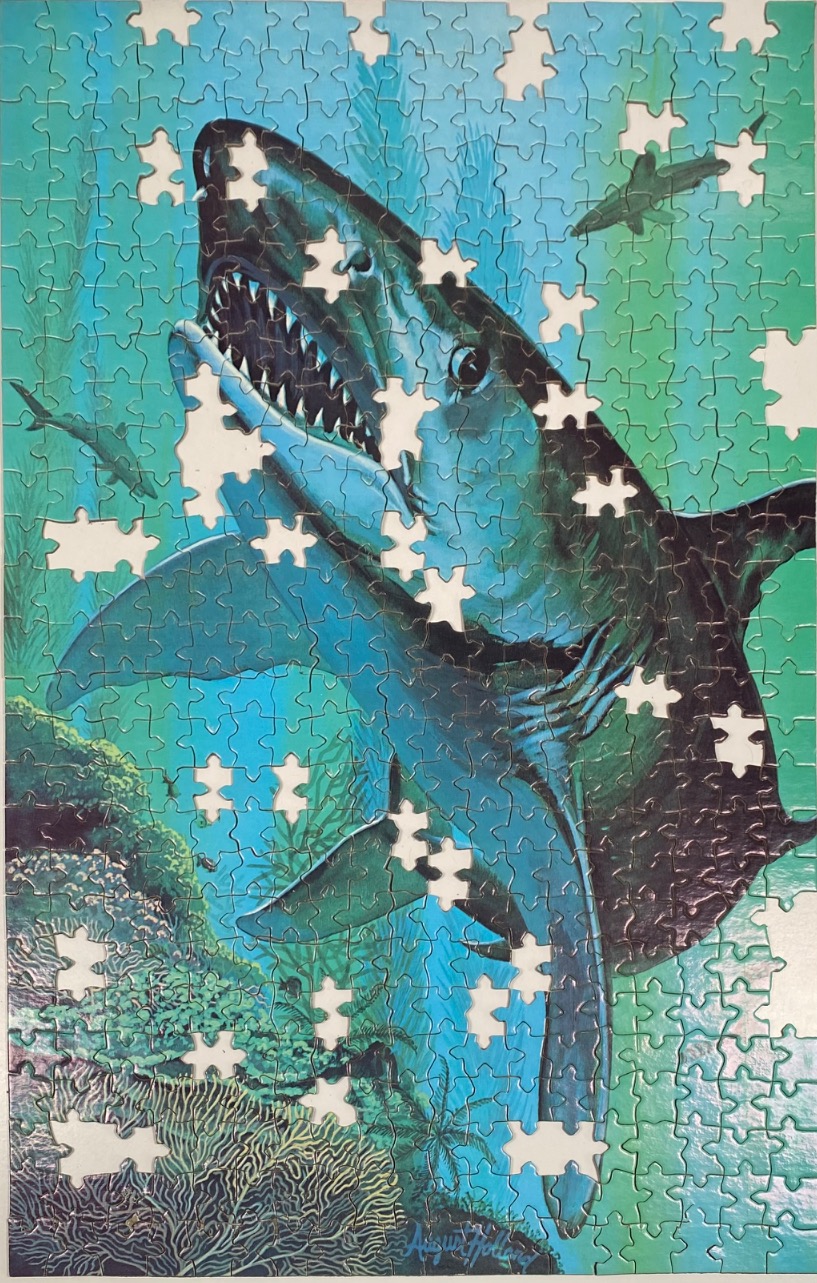 An illustration of a large shark swimming through green and blue ocean water above a coral reef.