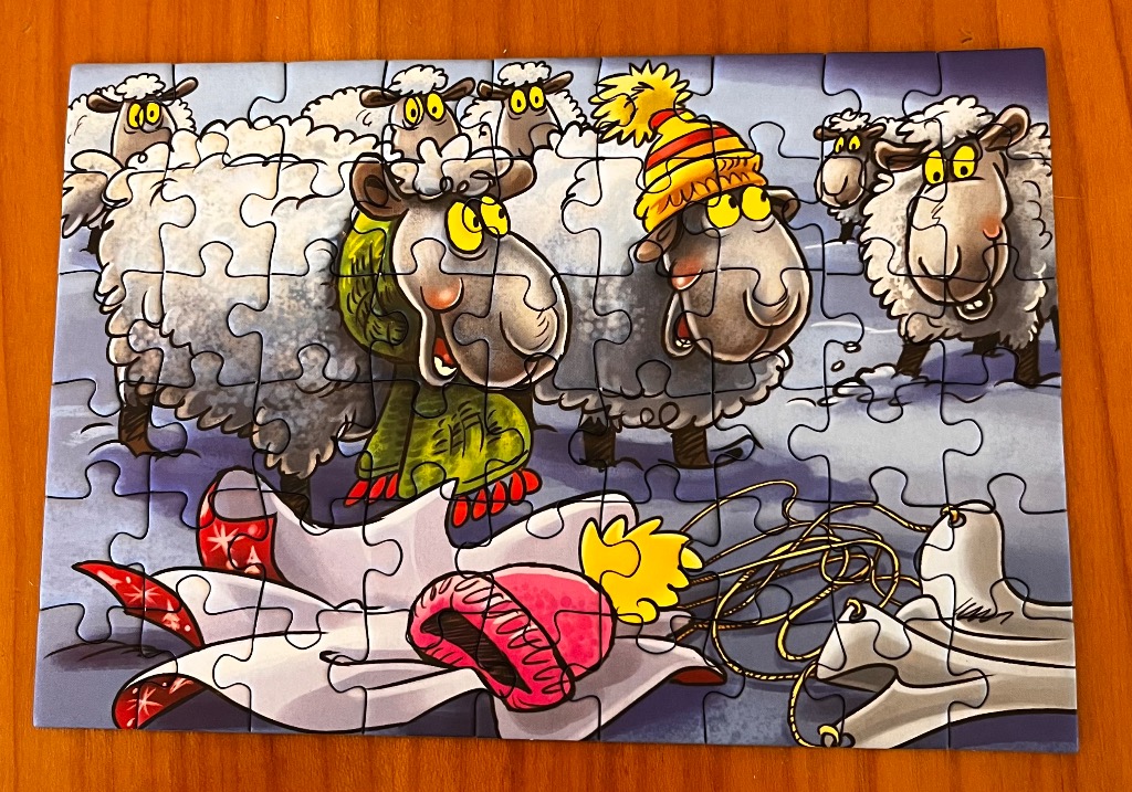 Cartoon sheep in winter hats and scarves in a snowy scene with pink and red accents.