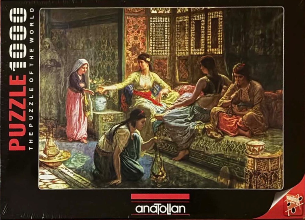 Oil painting of four women in traditional eastern dress relaxing in an ornate, dim interior