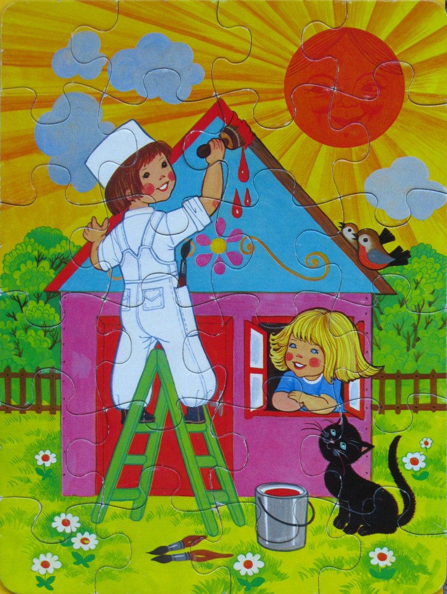 A cartoon illustration of a child painting a pink playhouse while another child watches from a window.