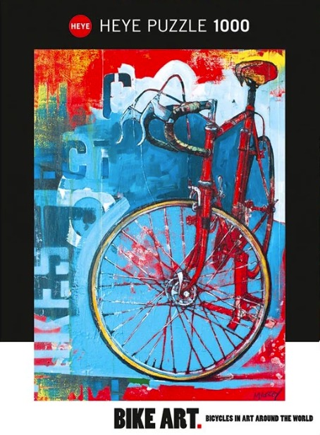 Abstract art of a vibrant red racing bicycle against a textured, layered blue and red background.