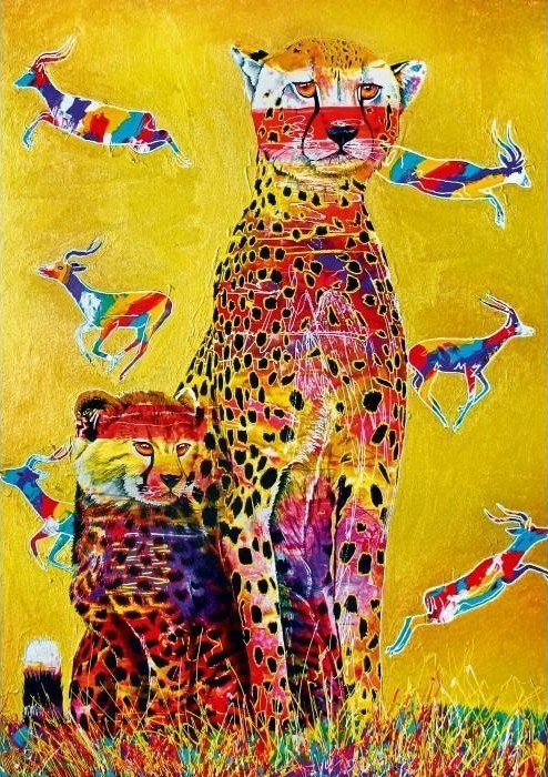 Two vibrant, multicolored cheetahs standing in a savanna with leaping gazelles against a golden yellow backdrop.