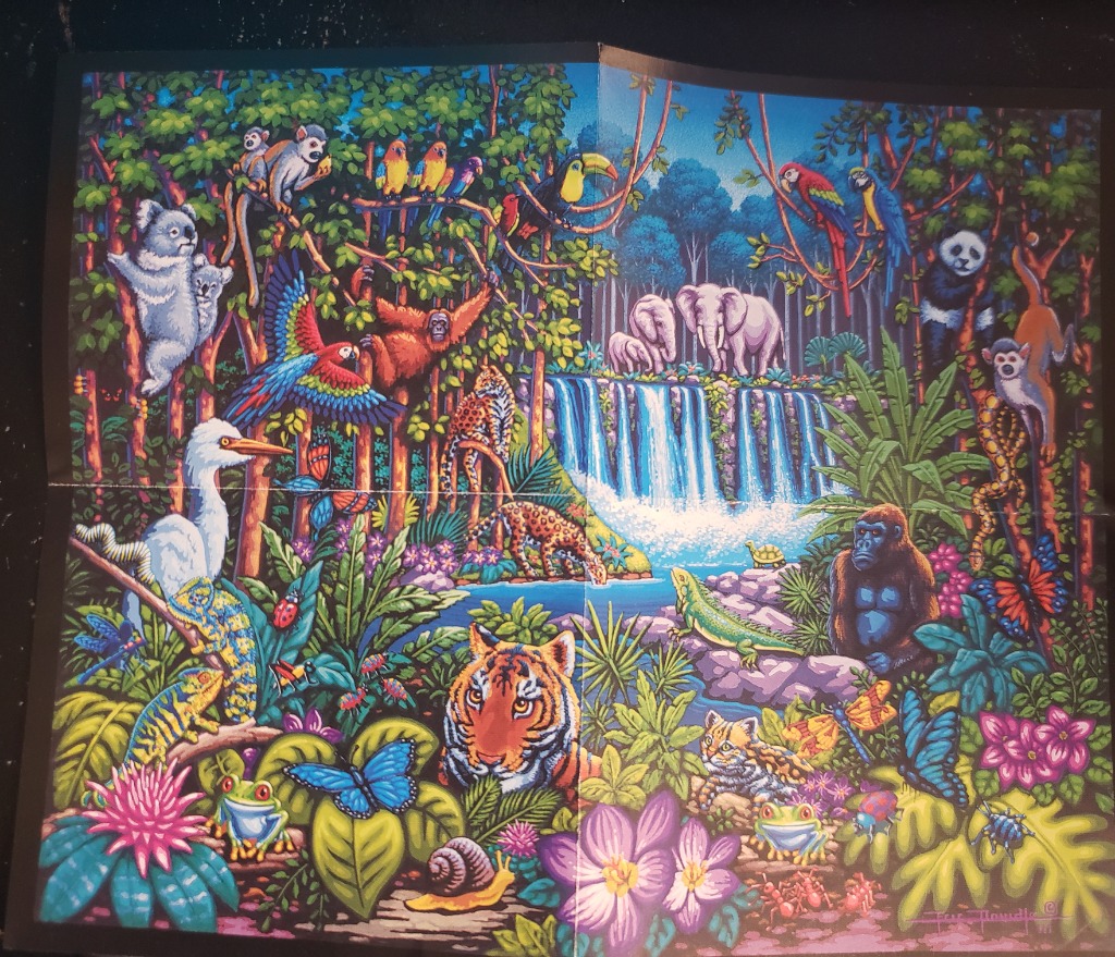 A vibrant tropical jungle scene filled with diverse wildlife, including a tiger, gorilla, elephants, and exotic birds.