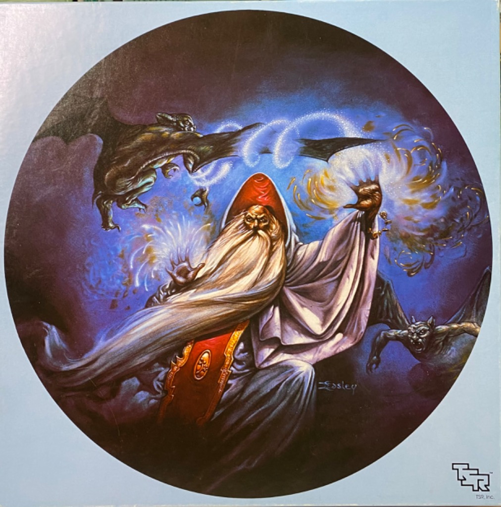 A fantasy painting of an old wizard casting a spell while flanked by two winged gargoyle-like creatures.