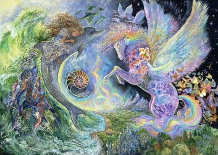 A whimsical illustration featuring a girl on a dolphin meeting a winged unicorn in a magical landscape.