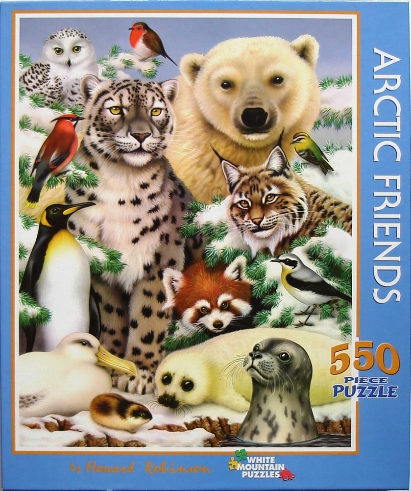 A collection of various Arctic animals, including a polar bear, snow leopard, and penguin, gathered in a snowy setting.