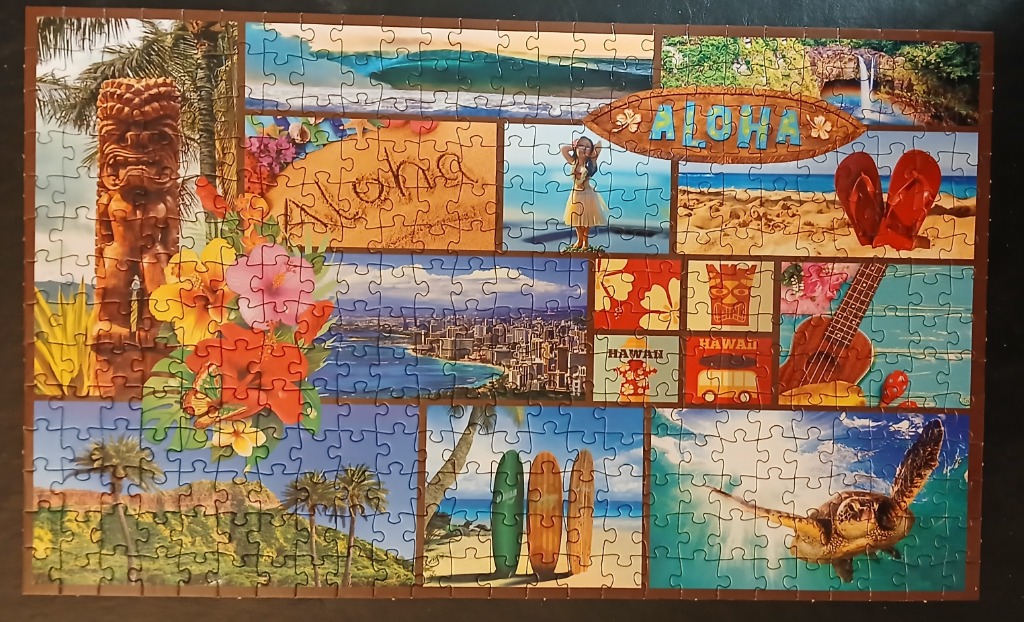 A collage of various Hawaiian-themed scenes featuring a tiki statue, beaches, a hula dancer, and tropical flora.