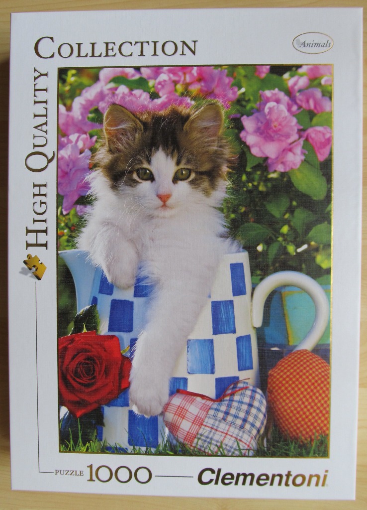 A fluffy brown and white kitten sitting in a blue and white checkered pitcher surrounded by flowers.