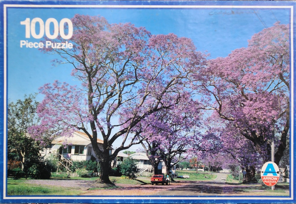 A residential street lined with blooming purple Jacaranda trees on a clear sunny day.