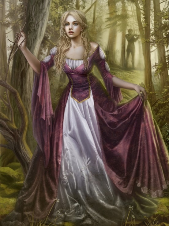 A blonde woman in a medieval gown stands in a forest while a man plays a violin in the background.