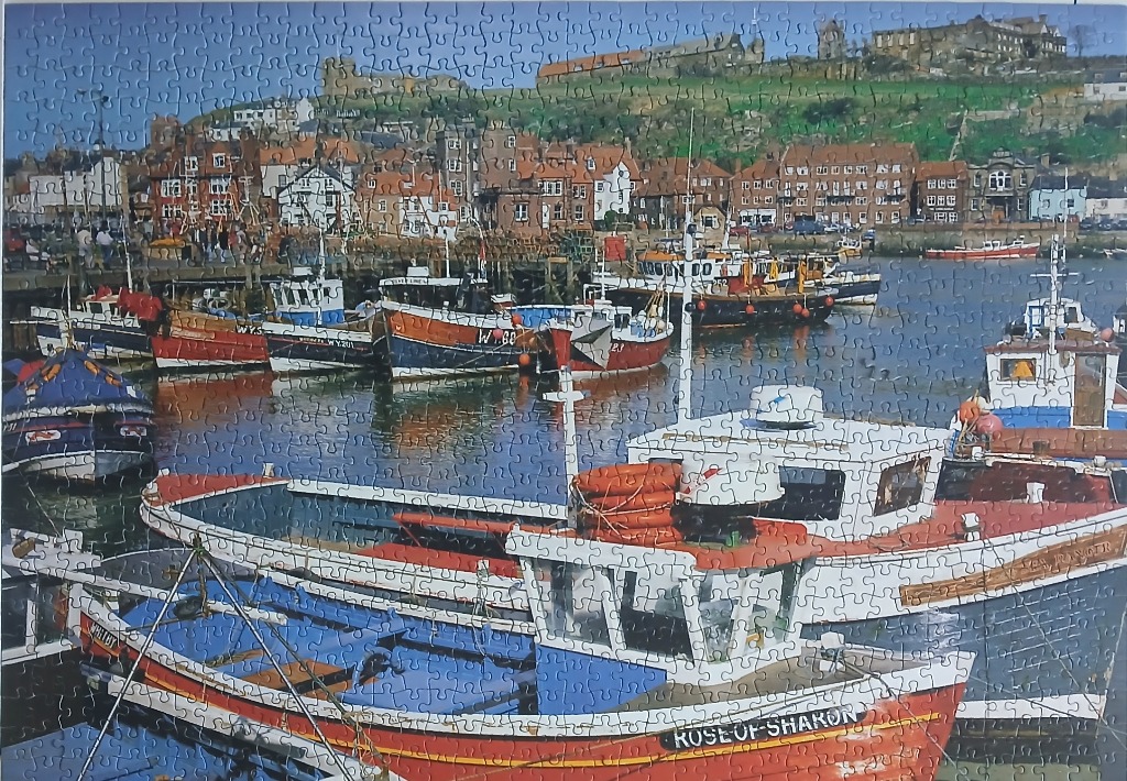 Fishing boats docked in a historic harbor with a town on the hillside behind.