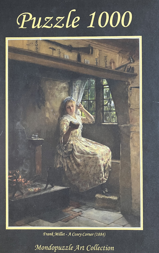 A 19th-century oil painting of a woman sitting by a fireplace reading a book in a sunlit interior.