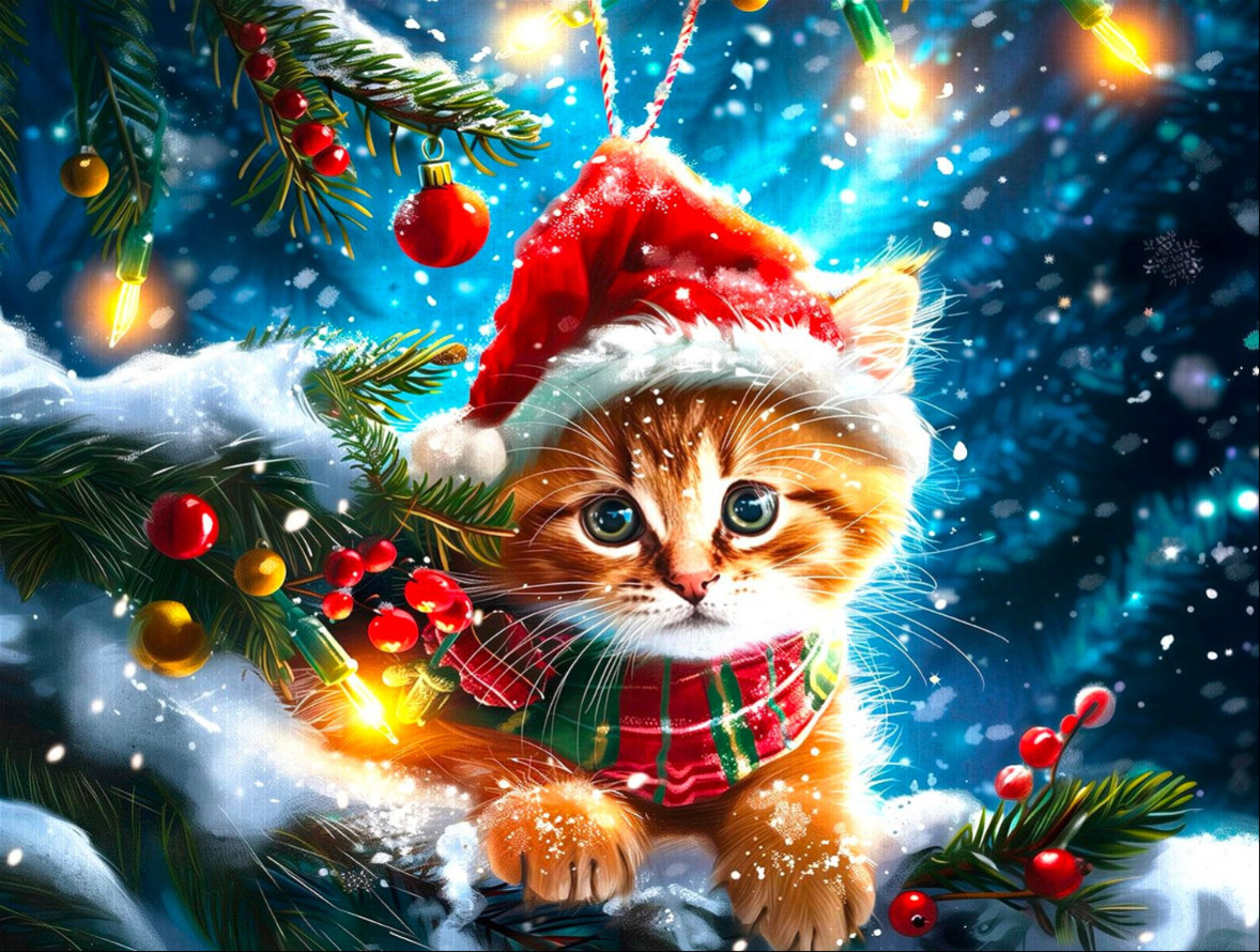 A fluffy orange tabby kitten wearing a Santa hat and plaid scarf, nestled in snow-covered pine branches.