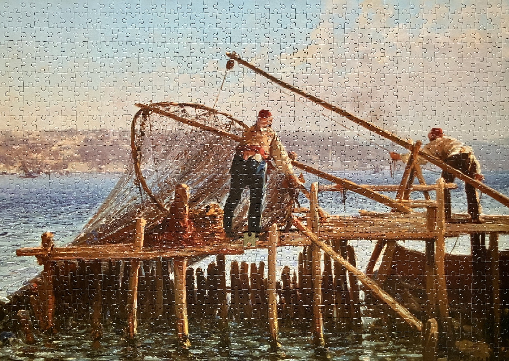 Painting of two fishermen operating a large dip net from a wooden dock overlooking a harbor.