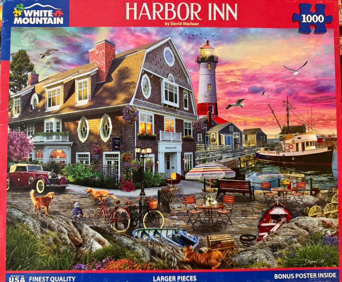 A seaside harbor scene with an inn, a lighthouse, a boat, and animals under a vibrant sunset sky.