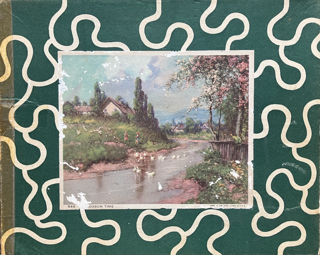 A vintage painting of a peaceful rural riverside scene with houses, flowering trees, and a flock of geese.