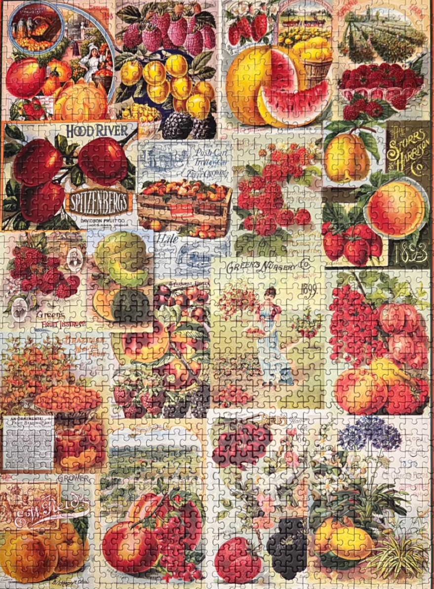 Vintage collage of botanical fruit prints, orchard labels, and advertisements featuring colorful berries, melons, and apples.