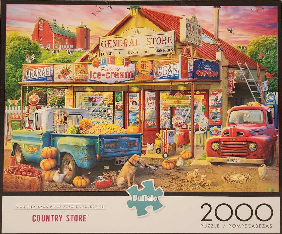 A nostalgic rural general store with a vintage blue pickup truck, red truck, and farm animals at sunset.