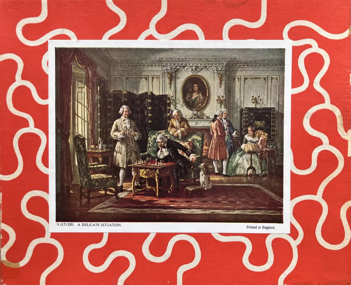 An 18th-century scene of gentlemen playing chess in a grand, ornate drawing room.