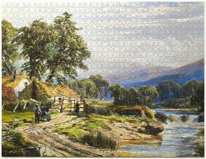 Pastoral landscape painting with stone cottages, a winding path, a stream, and distant mountains.