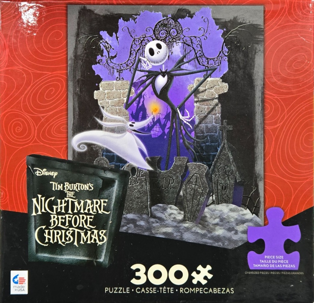 Jack Skellington and Zero in a spooky graveyard scene with purple glowing background.