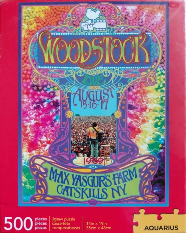 Woodstock festival poster artwork featuring a musician on stage before a massive crowd in a psychedelic art style.