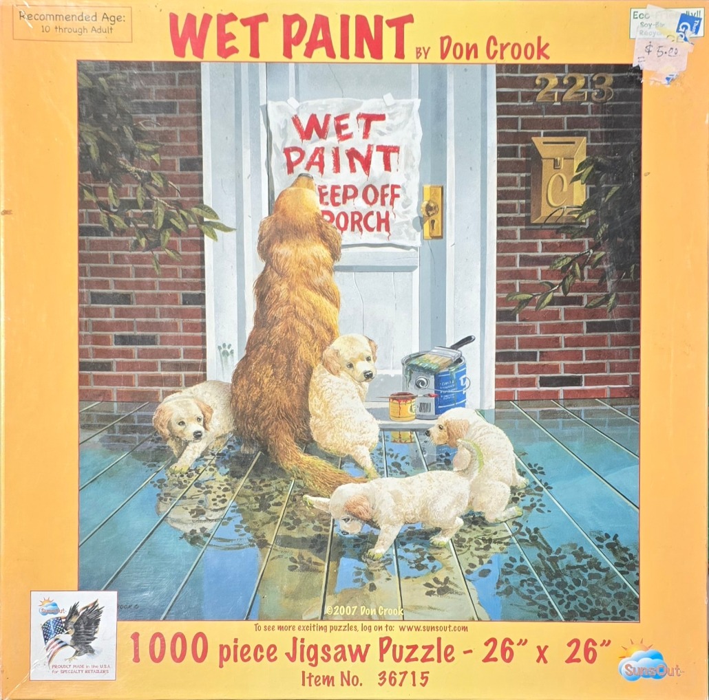A painting of a golden retriever and her four puppies walking across a wet, freshly painted porch.