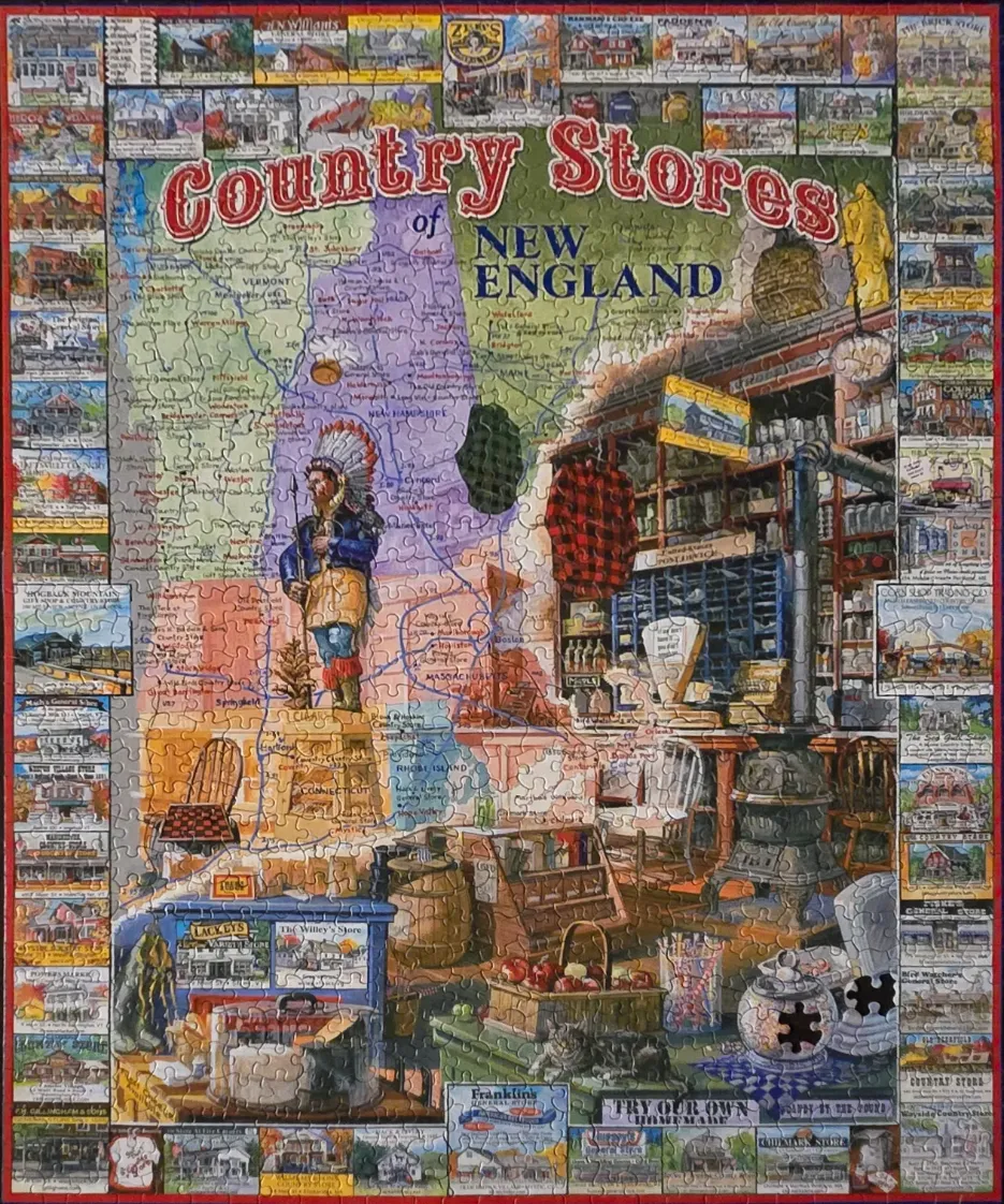 A decorative map of New England featuring a collage of country stores and historical Americana.