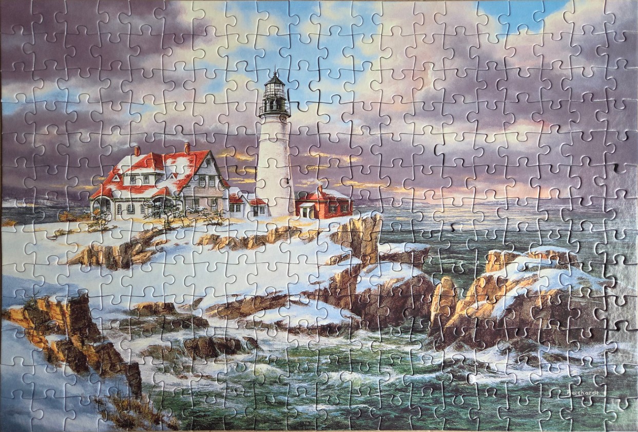 A scenic winter illustration of a lighthouse and keeper