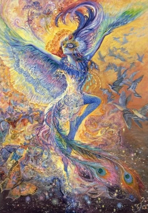 An ethereal figure in a blue peacock-inspired costume dances amidst swirling birds and butterflies in a golden light.