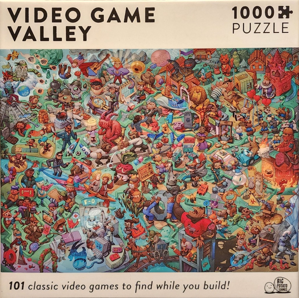 A dense, colorful cartoon illustration featuring hundreds of tiny characters and references to classic video games.