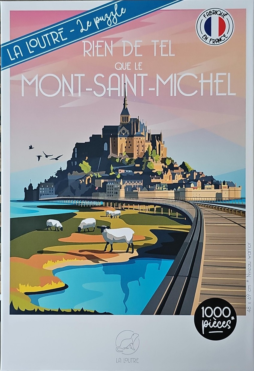 Stylized travel poster art of Mont-Saint-Michel with sheep in the foreground.