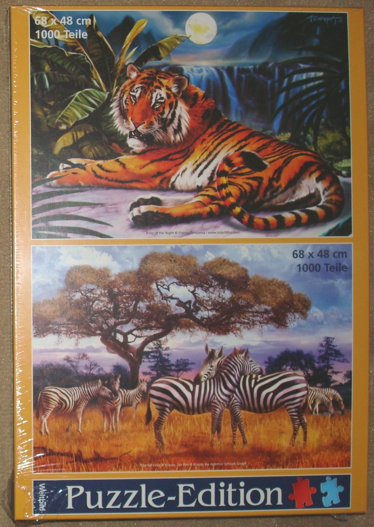 Two separate wildlife paintings: a resting tiger by a waterfall and a group of zebras in a savanna.