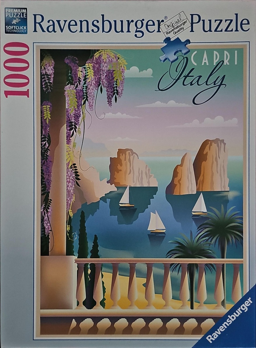 Vintage-style travel poster illustration of the island of Capri featuring a seaside balcony view with wisteria and sailboats.